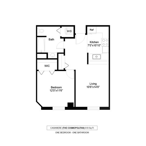 Floor plan for 1 bed, 1 bath, 618 sqft